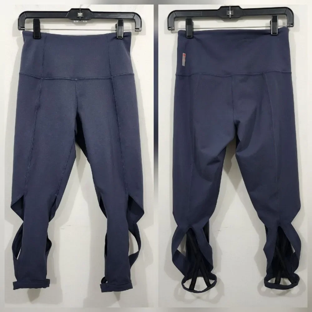 Zella Cropped Leggings Blue Criss-cross lattice cutout hem Yoga Gym Womens S